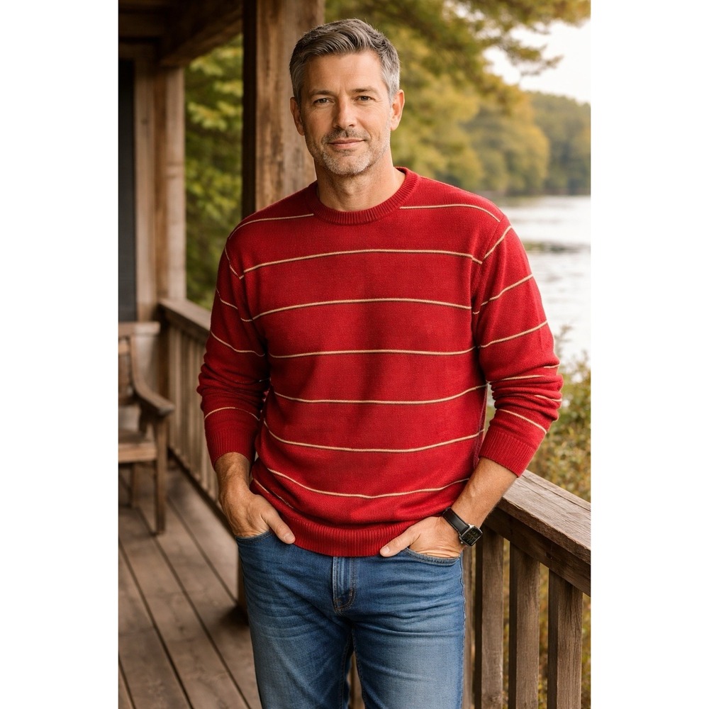 IZOD Men's XXL Red Knit Sweater Pullover Striped‎ Crewneck Casual Classic Cozy